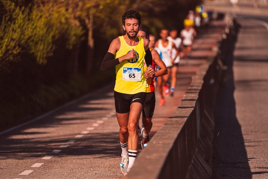 A determined runner in a yellow