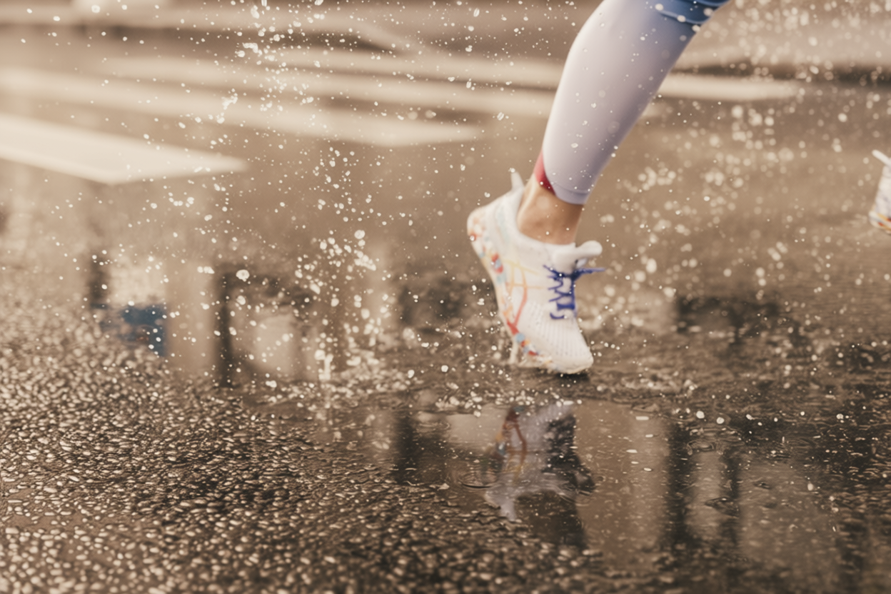 Kaki pelari bergerak cepat di jalan aspal dengan efek motion blur
