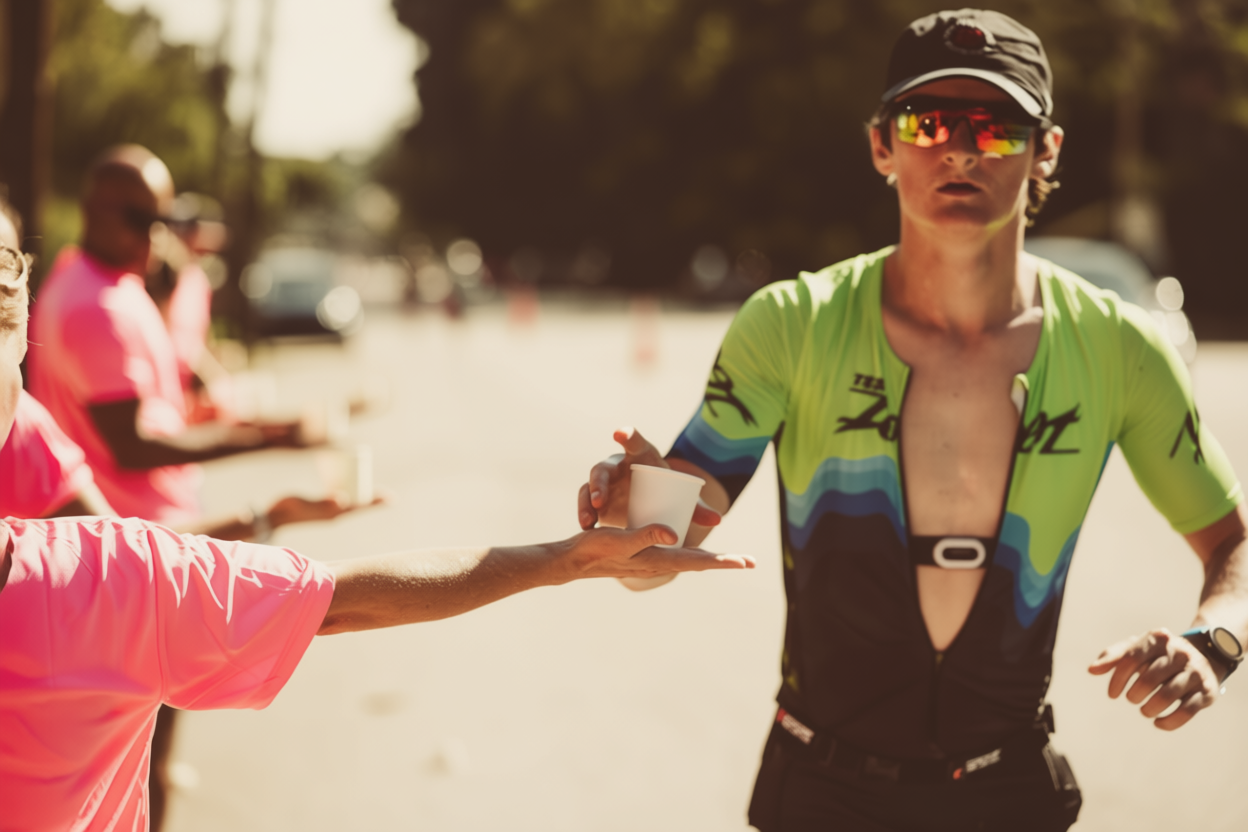 Pelari mengambil gelas air dari stasiun hidrasi saat latihan